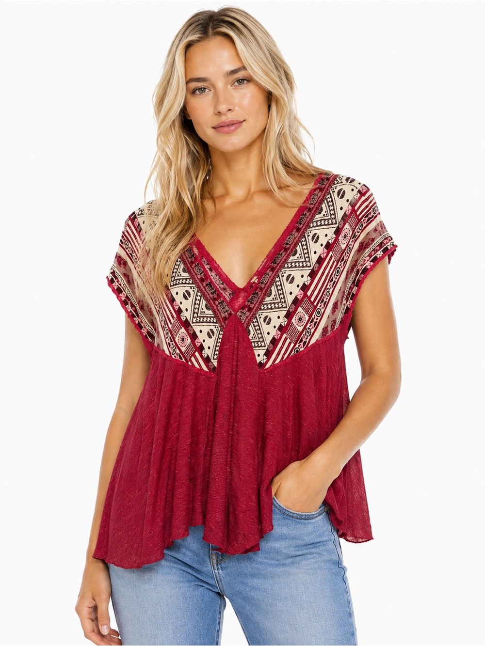 Free People Size Large Boho V-Neck Red Printed Panel Women's Top